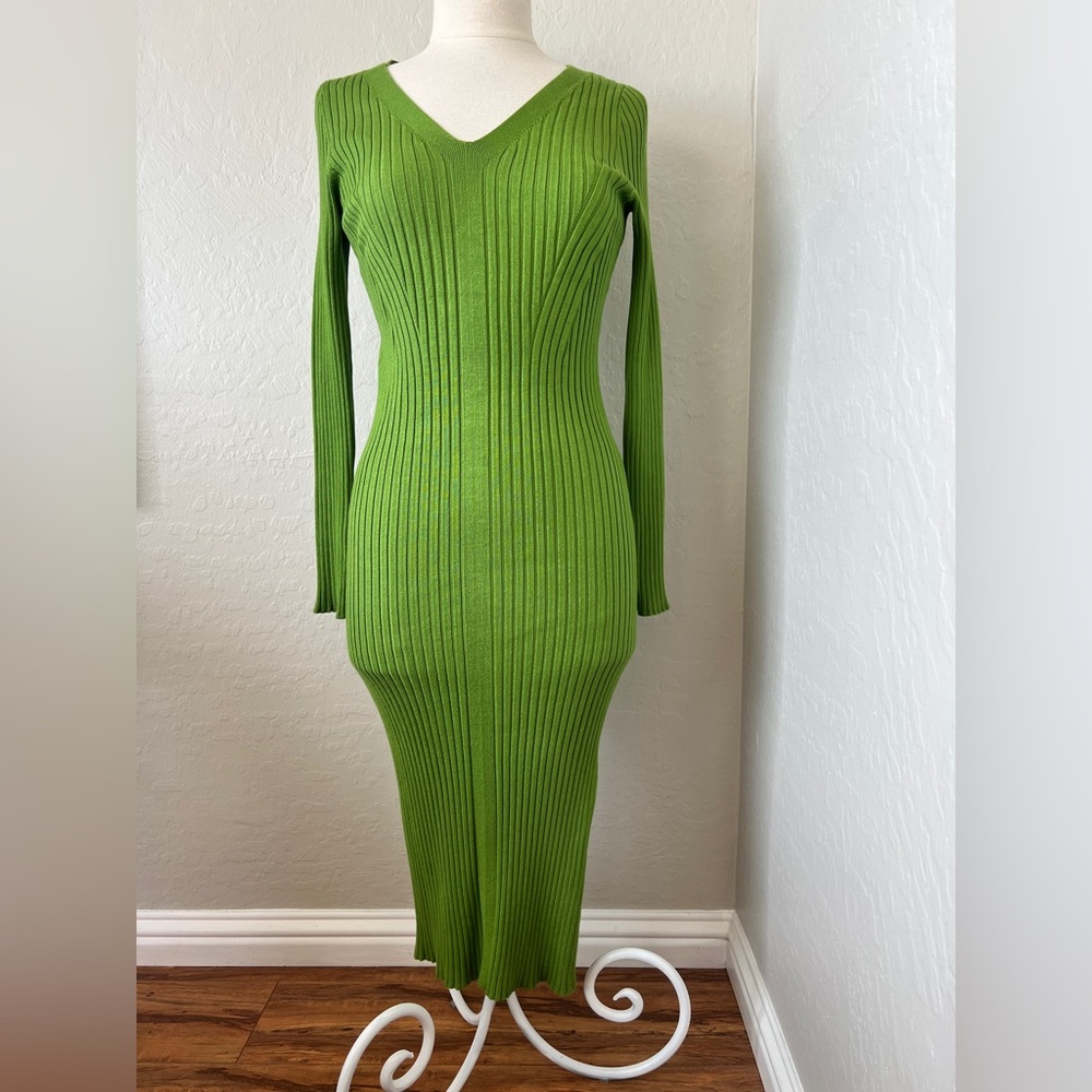 A New Day Vivid Green Ribbed Long Sleeve Dress